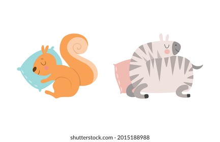 Cute Baby Animals Sleeping in Beds Set, Adorable Squirrel and Zebra Fell Asleep on Pillows Cartoon Vector Illustration