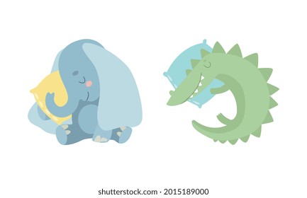Cute Baby Animals Sleeping in Beds Set, Adorable Elephant and Crocodile Fell Asleep on Pillows Cartoon Vector Illustration
