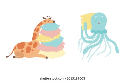 Cute Baby Animals Sleeping in Beds Set, Adorable Giraffe and Octopus Fell Asleep on Pillows Cartoon Vector Illustration