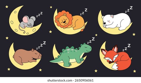 Cute baby animals sleeping on crescent moons adorable sleepy creatures among the stars illustration