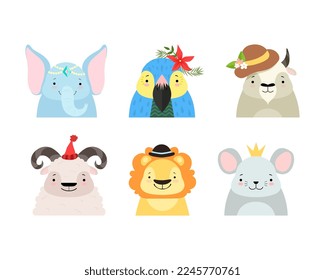 Cute Baby Animals with Smiling Snouts Wearing Headdress Vector Set