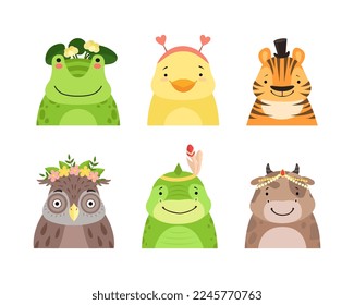 Cute Baby Animals with Smiling Snouts Wearing Headdress Vector Set