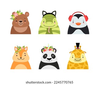 Cute Baby Animals with Smiling Snouts Wearing Headdress Vector Set