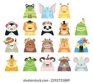 Cute Baby Animals with Smiling Snouts Wearing Headdress Big Vector Set