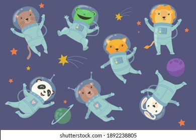 Cute baby animals in space flat set for web design. Cartoon cat, frog, fox, panda, rabbit and lion in cosmonaut costumes isolated vector illustration collection. Fun and adventure concept