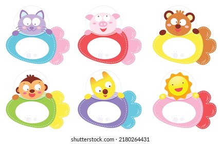 Cute Baby Animals Sticker With Label Name Cartoon, Tag Name Animal.