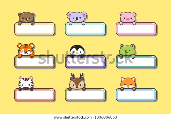Cute baby animals sticker with label name cartoon\
hand drawn style