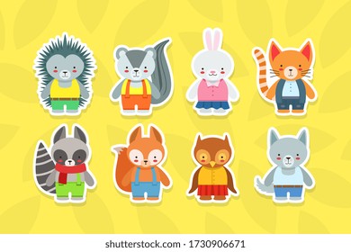 Cute Baby Animals Stickers Collection, Hedgehog, Raccoon, Rabbit, Cat, Beaver, Squirrel, Owl, Wolf Characters Vector Illustration