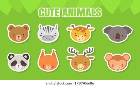 Cute Baby Animals Stickers Collection, Head of Bear, Zebra, Giraffe, Koala, Panda, Fox, Deer, Monkey Vector Illustration