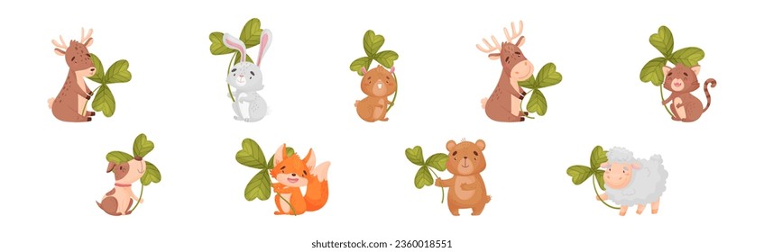 Cute Baby Animals with Three Leaf Clover Vector Set