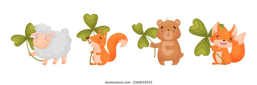 Cute Baby Animals with Three Leaf Clover Vector Set