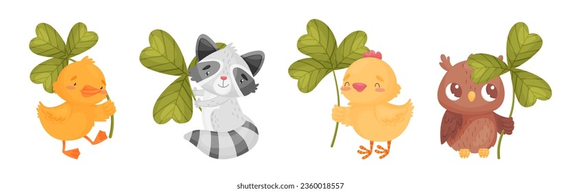 Cute Baby Animals with Three Leaf Clover Vector Set