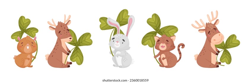 Cute Baby Animals with Three Leaf Clover Vector Set