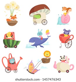 Cute Baby Animals in Transport Set, Fox, Crocodile, Squirrel, Chicken, Bunny, Bear, Lion, Monkey, Panda Bear Riding, Flying and Swimming By Fantastic Transport Vector Illustration