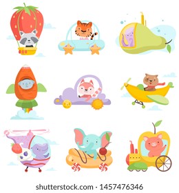 Cute Baby Animals in Transport Set, Raccoon, Tiger, Octopus, Koala Bear, Fox, Dog, Hippo Elephant, Pig Riding Cars, Flying By Airplanes Vector Illustration