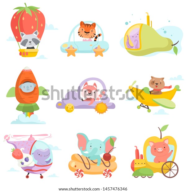 Cute Baby Animals in Transport Set,\
Raccoon, Tiger, Octopus, Koala Bear, Fox, Dog, Hippo Elephant, Pig\
Riding Cars, Flying By Airplanes Vector\
Illustration