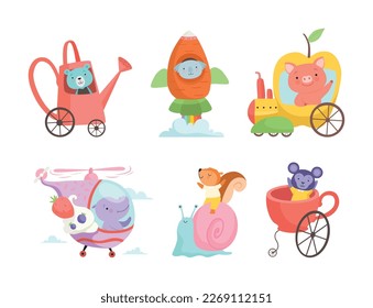 Cute baby animals using vehicles set. Bear, koala, pig, hippo, squirrel, monkey riding car and carriage cartoon vector illustration