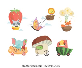 Cute baby animals using vehicles set. Raccoon, lion, fox, elephant, crocodile, duck flying with hot air balloons, riding car and carriage cartoon vector illustration