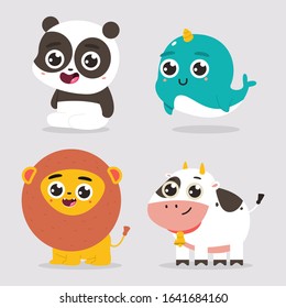 Cute baby animals vector cartoon characters set isolated on a white background.