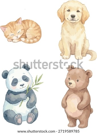 Cute baby animals vector illustration set featuring baby panda, kitten, puppy, and bear cub. Soft watercolor look with pastel tones, ideal for nursery decor, baby products, and greeting cards.