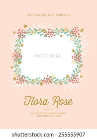Cute Baby announcement card with a frame made of leafs. Vector and Illustration design.