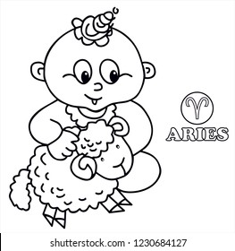 Cute baby Aries is playing with a sheep. Astrology, zodiac, horoscope. Black and white vector for card or gift. For coloring.