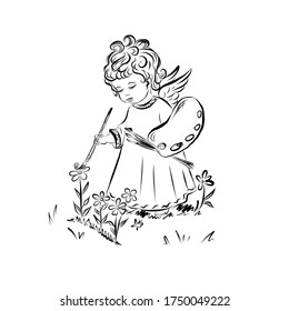 Cute baby artist with palette and brush. Angel. Coloring book with symbol of god of man. Happy baby. Concept of resurrection of Jesus Christ. Christmas, Easter design.