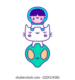Cute baby astronaut with cat and alien doodle art, illustration for t-shirt, sticker, or apparel merchandise. With modern pop and kawaii style.