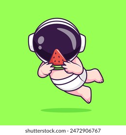 Cute Baby Astronaut Eating Watermelon Cartoon Vector Icon Illustration. Science Fruit Icon Concept Isolated Premium Vector. Flat Cartoon Style