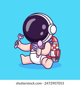 Lindo Bebé Astronauta Sosteniendo Tenedor Y Cuchara Con Cohete Bolso Ilustración De Icono De Vector De Dibujos Animados. Ciencia Food Icon Concept Vector Premium aislado. Estilo plano de dibujos animados