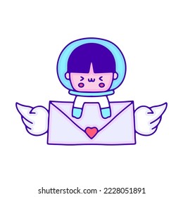 Cute baby astronaut holding love letter, illustration for t-shirt, sticker, or apparel merchandise. With modern pop and kawaii style.
