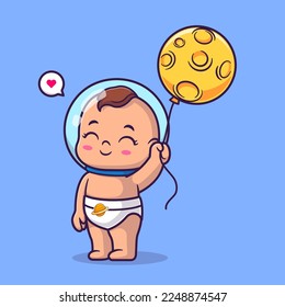 Cute Baby Astronaut Holding Moon Balloon Cartoon Vector Icon Illustration. People Science Icon Concept Isolated Premium Vector. Flat Cartoon Style