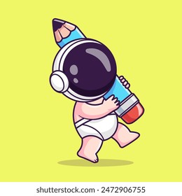 Cute Baby Astronaut Holding Pencil Cartoon Vector Icon Illustration. Science Education Icon Concept Isolated Premium Vector. Flat Cartoon Style