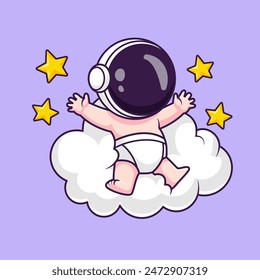 Cute Baby Astronaut Laying On Cloud With Star Cartoon Vector Icon Illustration. Science Technology Icon Concept Isolated Premium Vector. Flat Cartoon Style