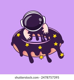 Cute Baby Astronaut On Donut Space Cartoon Vector Icon Illustration. Science Food Icon Concept Isolated Premium Vector. Flat Cartoon Style