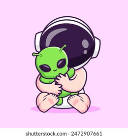 Cute Baby Astronaut Playing Alien Doll Cartoon Vector Icon Illustration. Science Technology Icon Concept Isolated Premium Vector. Flat Cartoon Style