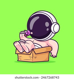 Cute Baby Astronaut Playing In Box With Pacifier Cartoon Vector Icon Illustration. Science Technology Icon Concept Isolated Premium Vector. Flat Cartoon Style