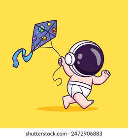 Cute Baby Astronaut Playing Kite Cartoon Vector Icon Illustration. Science Recreation Icon Concept Isolated Premium Vector. Flat Cartoon Style