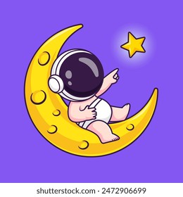 Cute Baby Astronaut Pointing Star On Moon Cartoon Vector Icon Illustration. Science Technology Icon Concept Isolated Premium Vector. Flat Cartoon Style