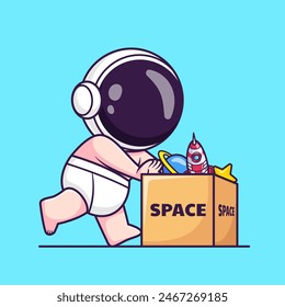 Cute Baby Astronaut Push Box With Space Toys Cartoon Vector Icon Illustration. Science Technology Icon Concept Isolated Premium Vector. Flat Cartoon Style