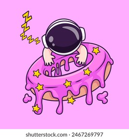 Netter Baby-Astronaut schlafend auf Donut Cartoon Vektorgrafik Icon Illustration. Wissenschaft Food Icon Concept Isolated Premium Vektorgrafik. Flacher Zeichentrickstil