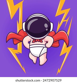 Cute Baby Astronaut Super Hero Flying Cartoon Vector Icon Illustration. Science Holiday Icon Concept Isolated Premium Vector. Flat Cartoon Style