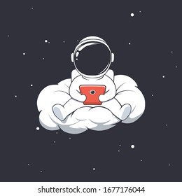 Cute baby astronaut writes message on cloud or playing the game on smartphone.Vector illustratio