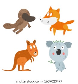 Cute baby Australian animals vector set. Hand Drawn kids cartoon characters: platypus, koala, kangaroo, fox. Nursery art background. Smiling animals. Animals clipart for kids.