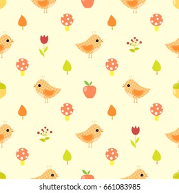 Cute baby autumn seamless pattern bird vector