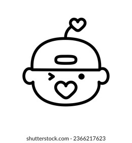 Cute baby avatar. The child winks. Children's avatar. Children concept. Funny avatar of a baby in a cap with a pacifier. Heart-shaped pacifier. Vector illustration in linear style