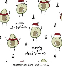 Cute baby avocado Merry Christmas trees text white pattern minimalist. Summer texture, textiles, children wallpaper.