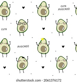 Cute baby avocado text with crown glasses hearts white pattern minimalist. Summer texture, textiles, children wallpaper.