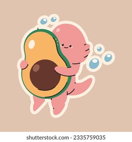 Cute baby axolotl with avocado vector cartoon character isolated on background.