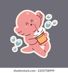 Cute baby axolotl drink soda water vector cartoon character isolated on background.